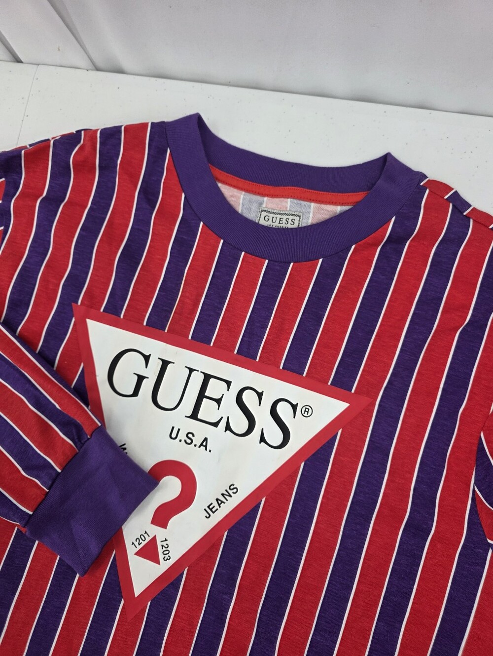 Guess Jeans Striped Long Sleeve T-Shirt Retro Logo Graphic Medium Purple Red.